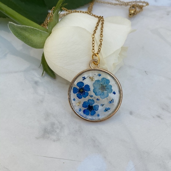 Forget Me Not - Blue - Pressed Flower Necklace - επιχρυσωμένα, μακριά, λουλούδι, μενταγιόν - 5