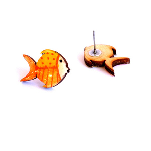 Σκουλαρίκια ξύλινα, πορτοκαλί ψαράκι - ξύλο, ζωγραφισμένα στο χέρι, ψάρι, καρφωτά - 4