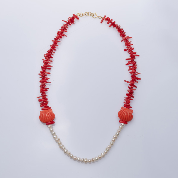 Coral & Pearl Necklace - κοράλλι, μαργαριτάρι, γυναικεία, επιχρυσωμένα, ασήμι 925