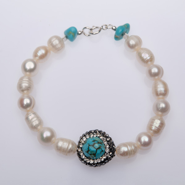 Pearl & Turquoise Swarovski Bracelet - μαργαριτάρι, γυναικεία, ασήμι 925, swarovski