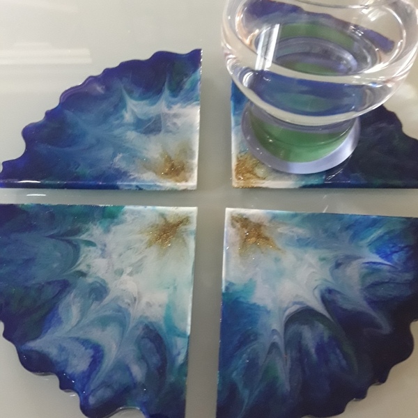 Σετ σουβέρ τεσσάρων τεμαχίων από υγρό γυαλί σε απόχρωση του μπλε - γυαλί, πλαστικό, διακοσμητικά, ιδεά για δώρο, είδη σερβιρίσματος - 3