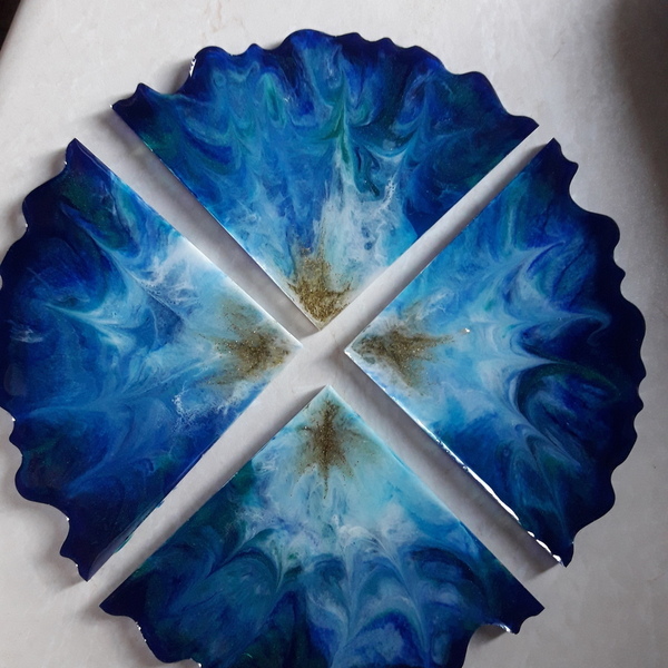 Σετ σουβέρ τεσσάρων τεμαχίων από υγρό γυαλί σε απόχρωση του μπλε - γυαλί, πλαστικό, διακοσμητικά, ιδεά για δώρο, είδη σερβιρίσματος - 4