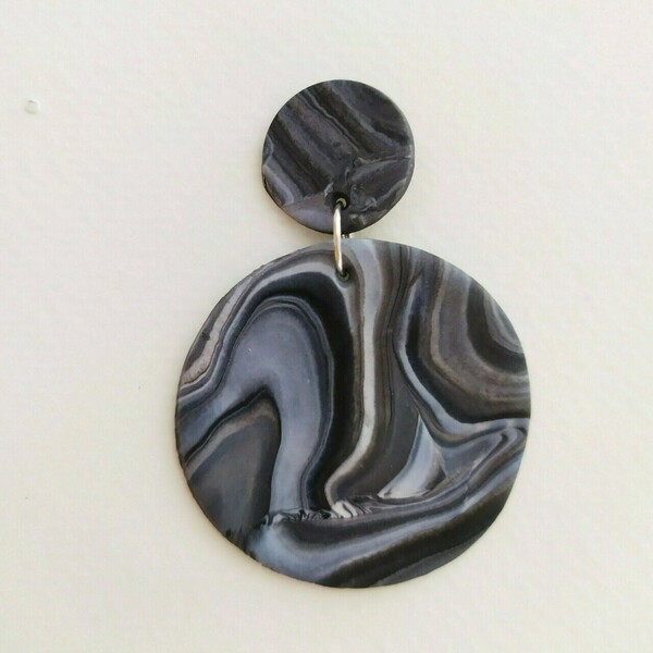 Black marble-σκουλαρίκια από πολυμερικό πηλό - κρεμαστά, μεγάλα, πηλός, boho - 3