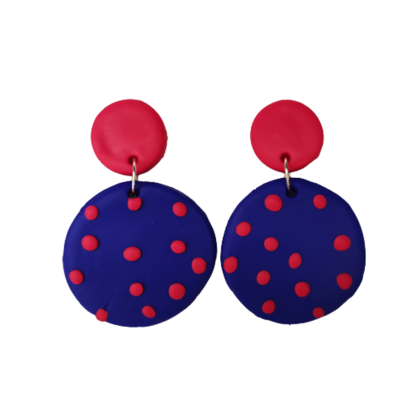 Blue with Pink dots-σκουλαρίκια από πολυμερικό πηλό - κρεμαστά, πηλός, γεωμετρικά σχέδια, boho