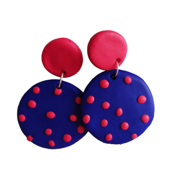 Blue with Pink dots-σκουλαρίκια από πολυμερικό πηλό - κρεμαστά, πηλός, γεωμετρικά σχέδια, boho - 2