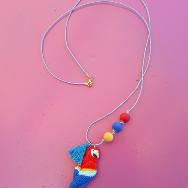 "Macaw necklace"- Χειροποίητο μακρύ κολιέ με παπαγάλο από πολυμερικό πηλό (48,5εκ.) (ατσάλι) - charms, με φούντες, χάντρες, μακριά - 4