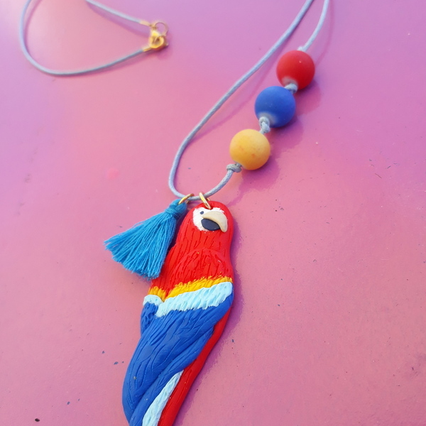 "Macaw necklace"- Χειροποίητο μακρύ κολιέ με παπαγάλο από πολυμερικό πηλό (48,5εκ.) (ατσάλι) - charms, με φούντες, χάντρες, μακριά - 5