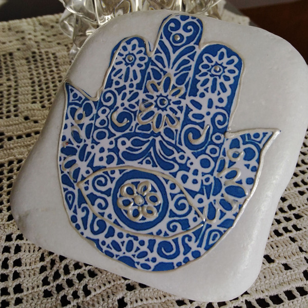 Μαρμάρινο βότσαλο με χέρι Xάμσα (χέρι της Φατιμά) - πέτρα, χειροποίητα, διακοσμητικά
