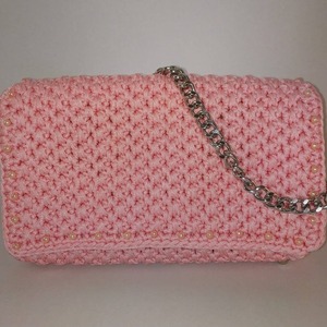 Χειροποίητο πλεκτό ροζ clutch με πέρλες - νήμα, clutch, μεγάλες, χειρός, βραδινές - 3