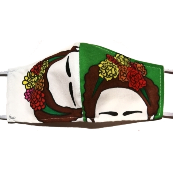 Ζωγραφισμένη χειροποιητη μασκα ΦΡΙΝΤΟΥΛΑ (frida) - ύφασμα, ζωγραφισμένα στο χέρι, γυναικεία