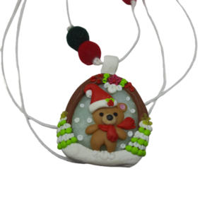 Κολιέ χριστουγεννιάτικο αρκουδάκι από πολυμερικό πηλό - πηλός, μακριά, αρκουδάκι, χριστουγεννιάτικα δώρα
