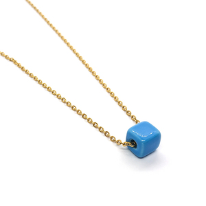 Κολιέ με γαλάζια κεραμική χάντρα - charms, επιχρυσωμένα, κοντά, ατσάλι, μπλε χάντρα