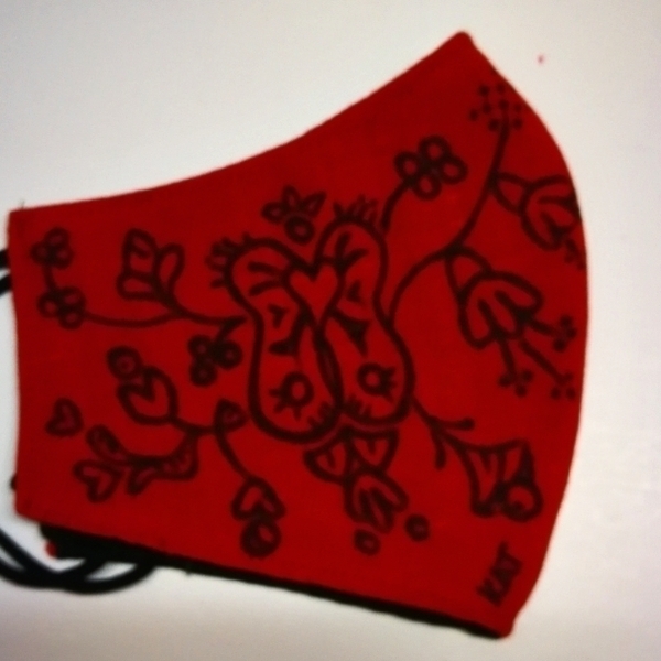 Κόκκινη ζωγραφισμένη μασκα - βαμβάκι, ζωγραφισμένα στο χέρι, γυναικεία, χειροποίητα, μικρά - 2