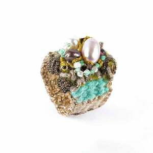 ATHINA MAILI - Υφαντό δαχτυλίδι με μαργαριτάρια και χάντρες - μεγάλα, ημιπολύτιμες πέτρες, μαργαριτάρι, boho, υφαντά