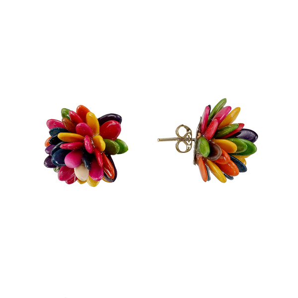Πολύχρωμα cluster χειροποίητα σκουλαρίκια από καρπούς tagua - λουλούδι, καρφωτά, μικρά, faux bijoux, καρφάκι