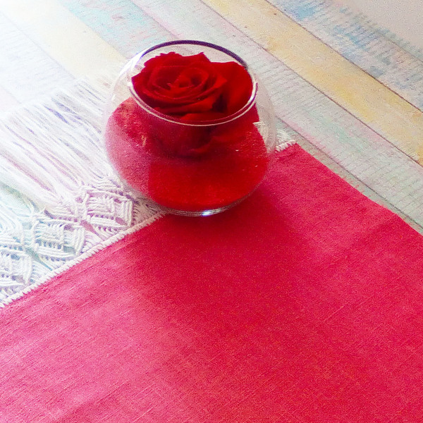 Ράνερ από ροζ λινό με χειροποίητη δαντέλα μακραμέ - μοναδικό, αγάπη, μακραμέ - 3
