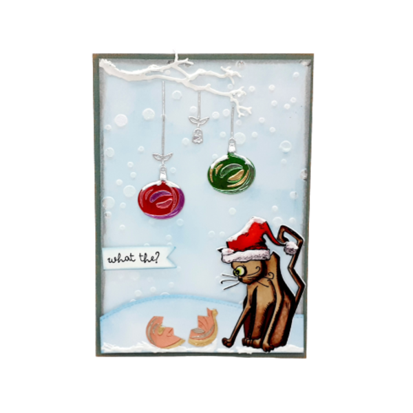 Κάρτα Χριστουγέννων - Γάτα παίζει με στολίδια - στολίδι, χριστουγεννιάτικο, γατούλα, κάρτα ευχών, ευχετήριες κάρτες
