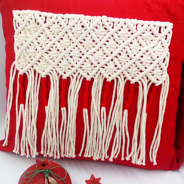 Διακοσμητικό μαξιλάρι από κόκκινο καμβά με μακραμέ δαντέλα - μοναδικό, χειροποίητα, boho, μαξιλάρια - 5