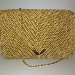 Χειροποίητη χρυσή πλεκτή τσάντα - νήμα, clutch, πλεκτές τσάντες, βραδινές, μικρές - 3