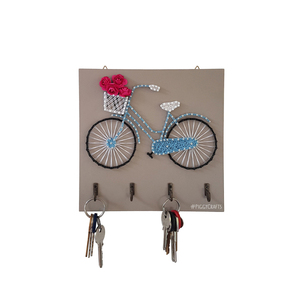 Κλειδοθήκη με καρφιά & κλωστές "Ποδήλατο" 20x20cm - λουλούδια, κλειδί, κλειδοθήκες