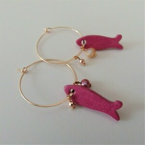 Κρίκοι με ροζ ψαράκι - ορείχαλκος, ψάρι, κρίκοι - 2