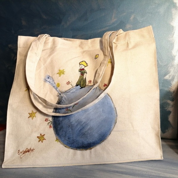 Ζωγραφισμένη τσάντα ώμου "Μικρός Πρίγκιπας" - ύφασμα, ζωγραφισμένα στο χέρι, ώμου, μεγάλες, πάνινες τσάντες - 2