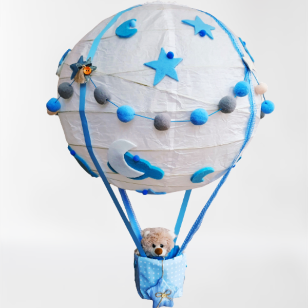 Χειροποίητο φωτιστικό- αερόστατο ΑΡΚΟΥΔΑΚΙ- ΑΓΟΡΙ - αγόρι, αερόστατο, χειροποίητα, αρκουδάκι, αγορίστικο, παιδικά φωτιστικά - 4