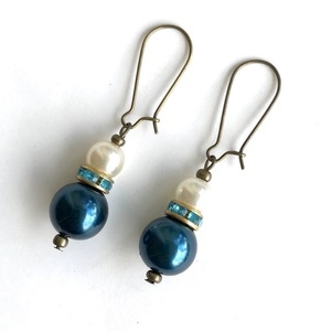 Σκουλαρίκια με πέρλα και γαλάζιο στρας - μικρά, κρεμαστά, πέρλες, φθηνά - 2