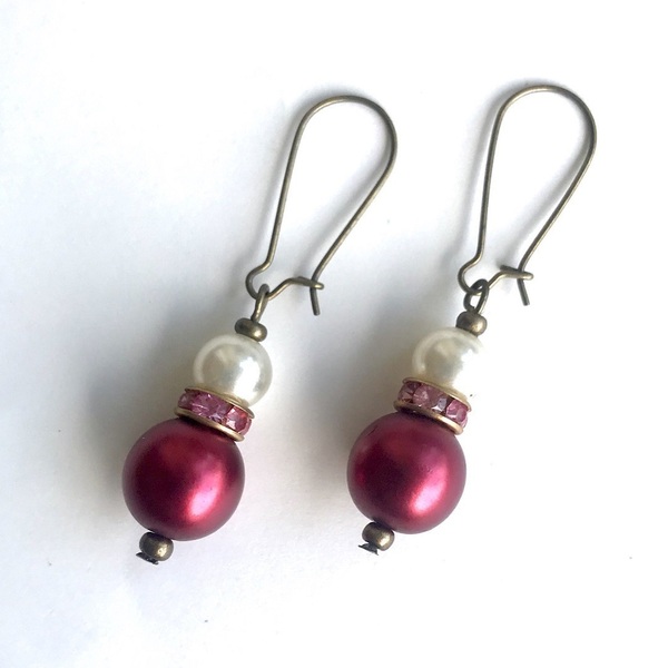 Σκουλαρίκια με πέρλα και ροζ στρας - μικρά, κρεμαστά, πέρλες, φθηνά - 2