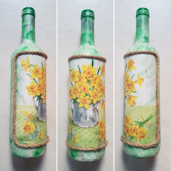 Διακοσμητικό Γυάλινο Μπουκάλι Ντεκουπάζ (Κανάτα Λουλούδια) - γυαλί, δώρο, διακοσμητικά, διακοσμητικά μπουκάλια - 4