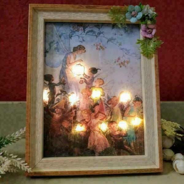 Φωτιζόμενη μαγική boho ρετρό κορνίζα με νεράιδα, ξωτικά και διακόσμηση λουλουδάκια. - vintage, δώρο, δωμάτιο παιδιών