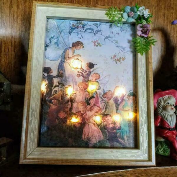 Φωτιζόμενη μαγική boho ρετρό κορνίζα με νεράιδα, ξωτικά και διακόσμηση λουλουδάκια. - vintage, δώρο, δωμάτιο παιδιών - 3