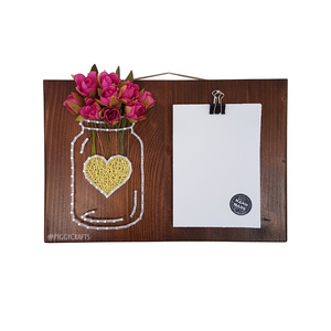 Ξύλινη βάση τοίχου για σημειωματάριο με καρφιά, κλωστές & χάρτινα λουλούδια 30x20cm - λουλούδια, διακοσμητικά, ξύλινα διακοσμητικά τοίχου