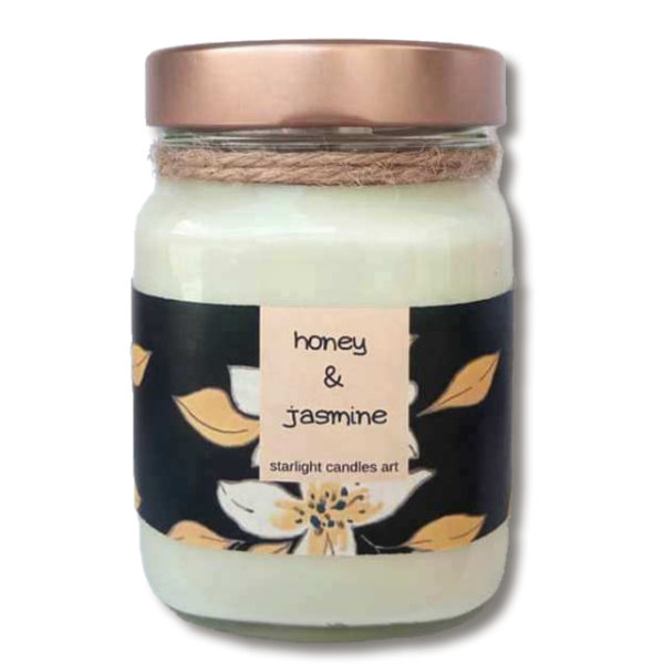 Μεγάλο αρωματικό κερί με άρωμα μέλι & γιασεμί. - διακόσμηση, ιδεά για δώρο, κερί σόγιας