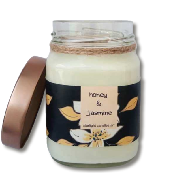 Μεγάλο αρωματικό κερί με άρωμα μέλι & γιασεμί. - διακόσμηση, ιδεά για δώρο, κερί σόγιας - 2