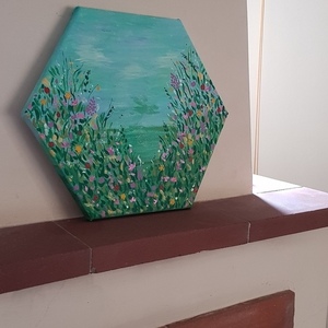 Πίνακας ζωγραφικής με λουλούδια σε εξάγωνο καμβά - πίνακες & κάδρα, καμβάς - 3