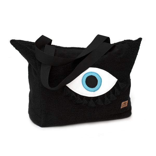 Μαύρη πετσετέ XL χειροποίητη τσάντα με μάτι - ύφασμα, μάτι, μεγάλες, evil eye