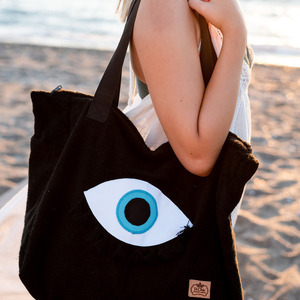 Μαύρη πετσετέ XL χειροποίητη τσάντα με μάτι - ύφασμα, μάτι, μεγάλες, evil eye - 3