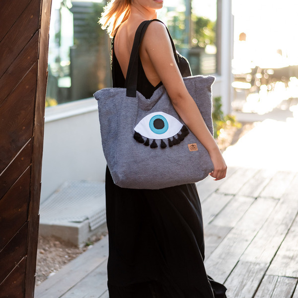 Γκρι πετσετέ XL χειροποίητη τσάντα με μάτι - ύφασμα, μάτι, μεγάλες, evil eye - 2