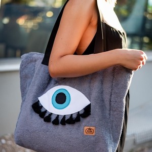 Γκρι πετσετέ XL χειροποίητη τσάντα με μάτι - ύφασμα, μάτι, μεγάλες, evil eye - 3