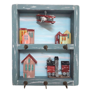 Κλειδοθήκη ξύλινη χειροποίητη ζωγραφισμένη στο χέρι αεροπλάνο και τρένο 25x30x5 πολύχρωμο Καπαδάκης - ζωγραφισμένα στο χέρι, χειροποίητα, κλειδοθήκες, ξύλινα διακοσμητικά τοίχου