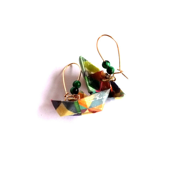 Σκουλαρίκια origami καραβάκια πολύχρωμα - χειροποίητα, μικρά, κρεμαστά - 3