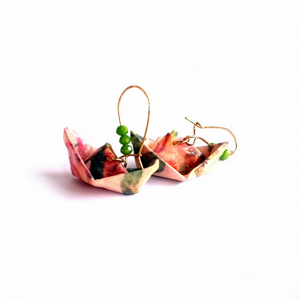 Σκουλαρίκια origami καραβάκια ροζ-πράσινα - καραβάκι, μικρά, κρεμαστά - 3