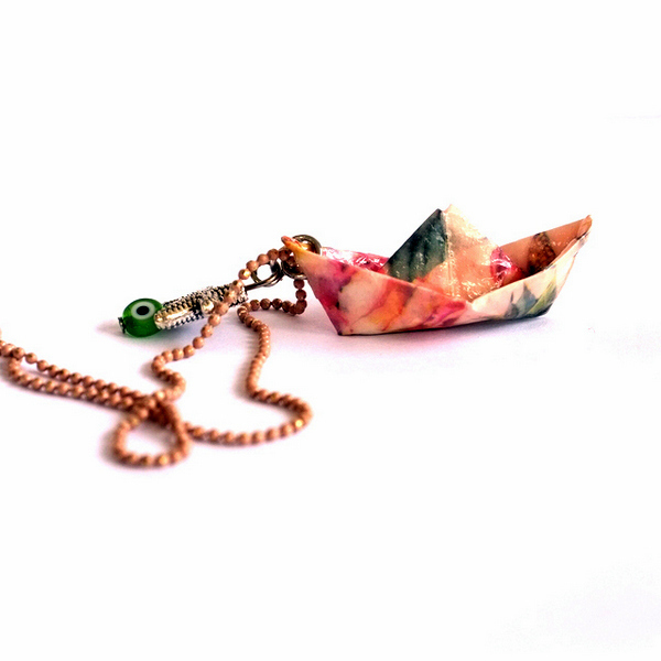Σκουλαρίκια origami καραβάκια ροζ-πράσινα - καραβάκι, μικρά, κρεμαστά - 5