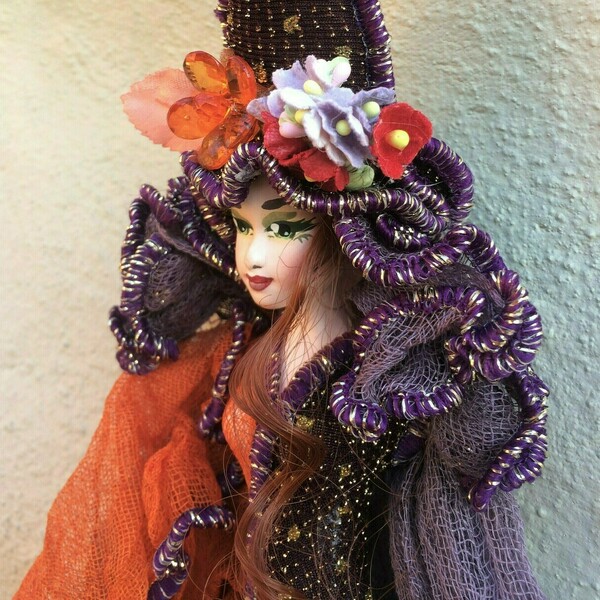Διακοσμητική χειροποίητη Κούκλα "Μάγισσα Μικρή" 60 εκ. Πορτοκαλί με Μελιτζανί - κορίτσι, διακόσμηση, διακοσμητικά, διακόσμηση σαλονιού, κούκλες - 3