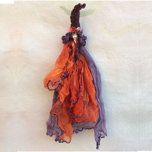 Διακοσμητική χειροποίητη Κούκλα "Μάγισσα Μικρή" 60 εκ. Πορτοκαλί με Μελιτζανί - κορίτσι, διακόσμηση, διακοσμητικά, διακόσμηση σαλονιού, κούκλες - 5