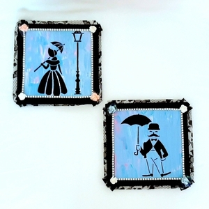 Διακοσμητικά καδράκια σε καμβα κυρία-κύριος με ομπρελες - πίνακες & κάδρα, πίνακες ζωγραφικής