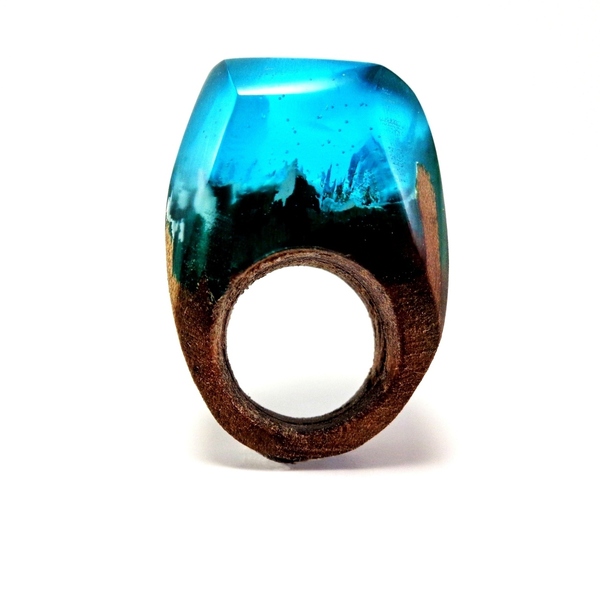 Δαχτυλίδι από υγρό γυαλί και ξύλο σε πράσινο χρώμα - ξύλο, γυαλί, boho, σταθερά, μεγάλα - 3