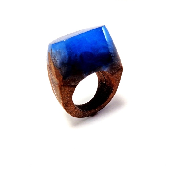 Δαχτυλίδι από υγρό γυαλί και ξύλο σε σκούρο μπλε χρώμα - ξύλο, γυαλί, boho, σταθερά, μεγάλα - 3