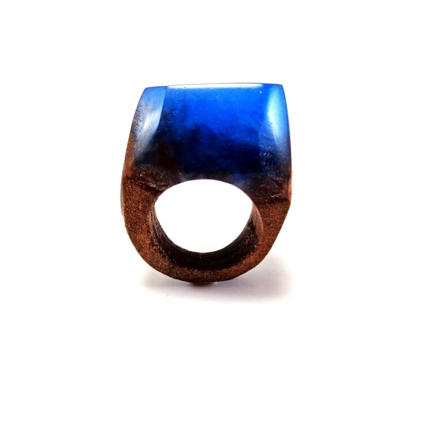 Δαχτυλίδι από υγρό γυαλί και ξύλο σε σκούρο μπλε χρώμα - ξύλο, γυαλί, boho, σταθερά, μεγάλα - 4